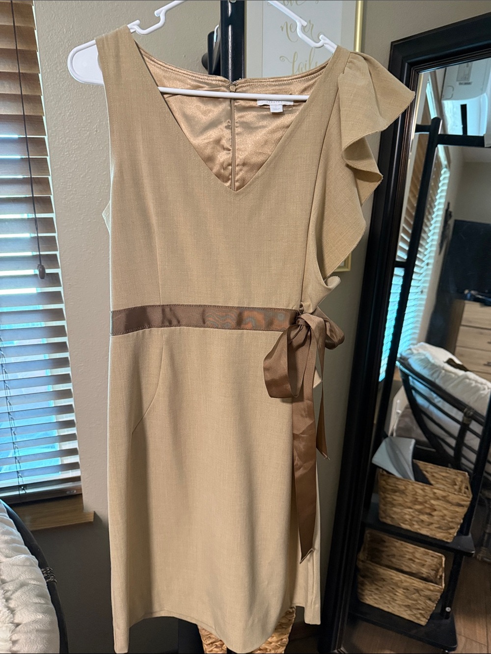 New York & Company Tan One-Shoulder Ruffle Dress with Brown Satin Tie